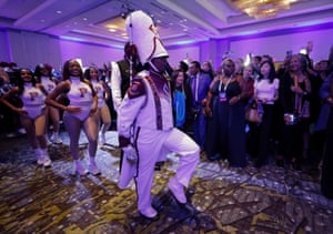 Members of Shaw University marching band perform at the Democratic Party election night watch party