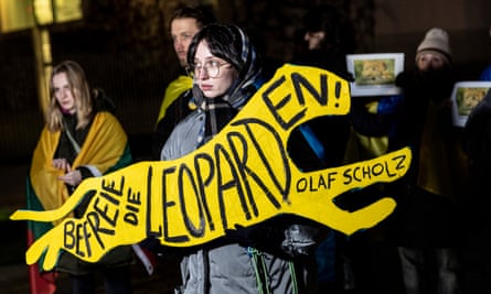 A demonstration demanding that German chancellor Olaf Scholz ‘Free the Leopards’, Berlin, 20 January 2023.