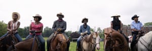 From left to right: Ivannah-Mercedes, Lorraine Toussaint, Idris Elba, Caleb McLaughlin, Jamil Prattis and Cliff Smith in Concrete Cowboy.