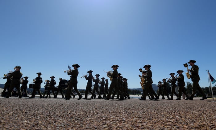 The army band plays at the Proclamation of King Charles III, on the forecourt of Parliament House in Canberra.