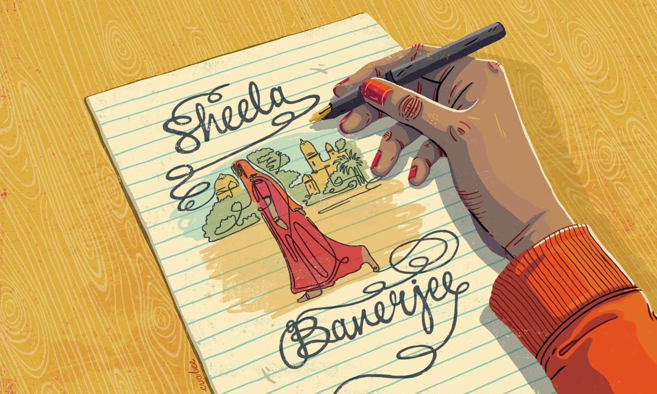 An illustration of an Asian woman with the word 'Sheela' above and 'Banerjee' below and a hand holding a pen on the picture