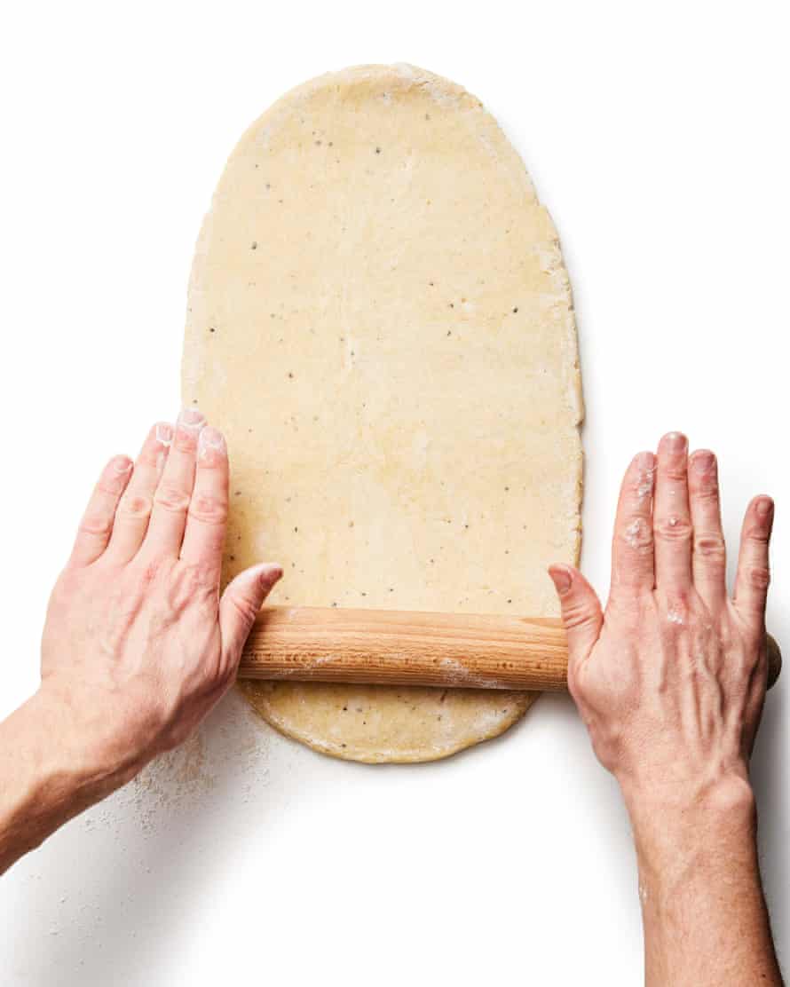 Felicity Cloake’s perfect cardamom buns – step 5b: Once the dough is ready, put it on a lightly floured surface and roll out into a roughly 50cm x 30cm rectangle about 50 x 30cm, with the short edge facing you.