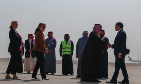 US state secretary Marco Rubio, right, arrives at King Khalid International Airport in Riyadh, Saudi Arabia.