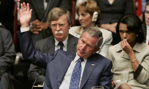 George W Bush at the United Nations with John Bolton and secretary of state Condoleezza Rice in 2005.