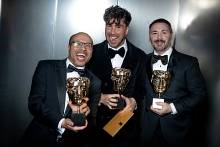 Dean Atta, Ben Jackson and Baz Sells with the Bafta for British short animation for Two Black Boys in Paradise.