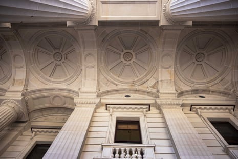 Different-coloured stonework and fresh pointing show the restored areas under the front entrance of Victoria’s Parliament House.