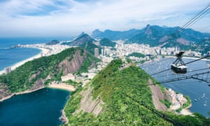 Scenic daytime view of the city skyline of Rio de Janeiro, Brazil with a Sugarloaf cable car passing