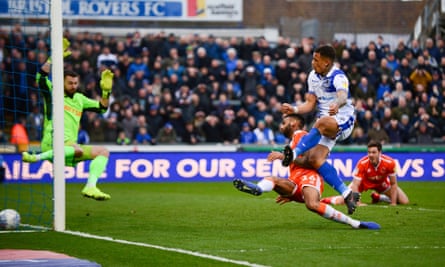 Clarke-Harris pounces to round off a hat-trick against Blackpool in March.
