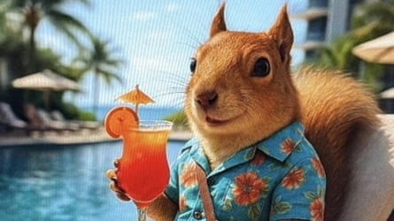 Advert of squirrel lounging by pool with a drink