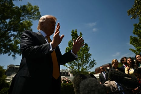 US President Donald Trump speaks to the press before walking to board Marine One as he departs from the South Lawn of the White House in Washington, DC, on May 12, 2026.