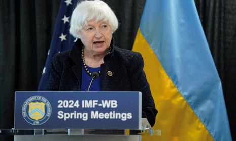 Janet Yellen speaks to reporter at the sidelines of IMF-World Bank spring meetings at the World Bank in Washington.