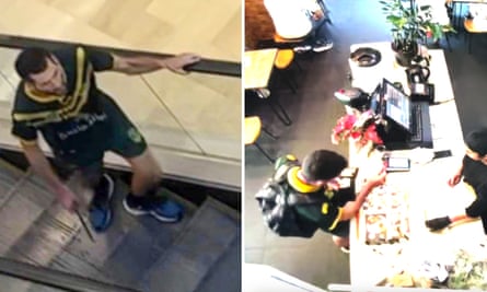 Composite image of Joel Cauchi during the mass stabbing in the Westfield shopping centre, and ordering lunch three hours earlier at Saigon Noodle in the Oxford Street mall