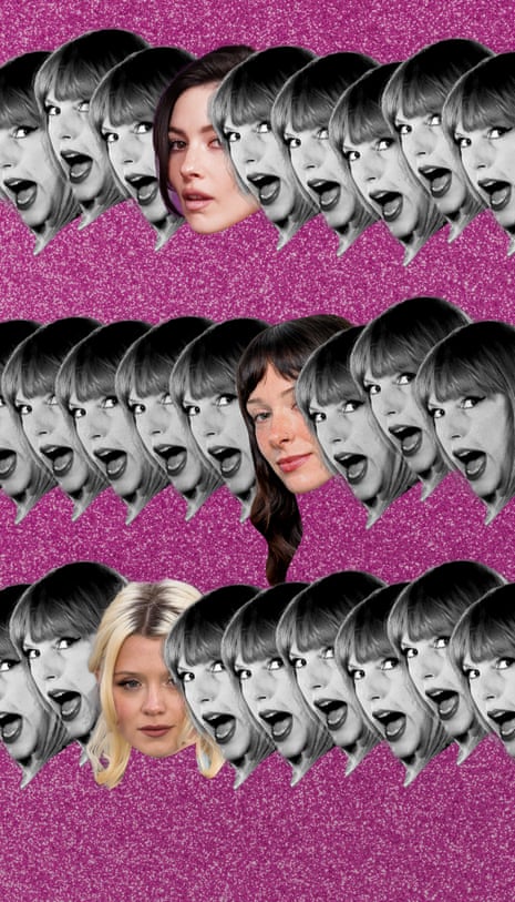 A line of Taylor Swift faces with Gracie Abrams, Maisie Peters and Holly Humberstone dotted inbetween