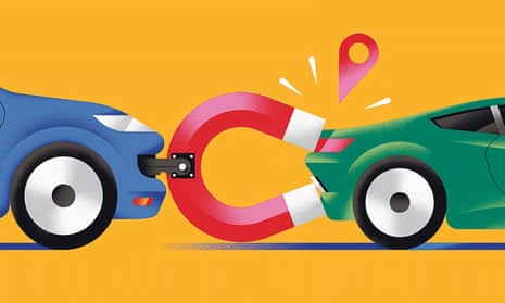Illustration of a car pulling another one back with a magnet