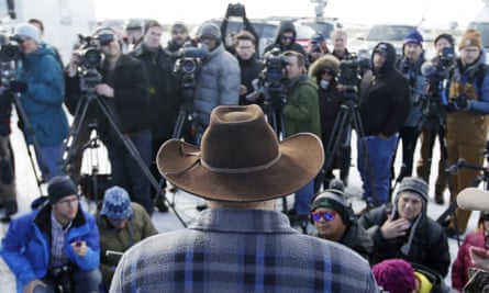 Ammon Bundy, one of the sons of Nevada rancher Cliven Bundy, speaks to reporters during a news conference at Malheur national wildlife refuge on Wednesday.