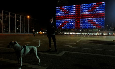 The building of the city hall in Tel Aviv’s Rabin square is illuminated in solidarity for the attack on Westminster.