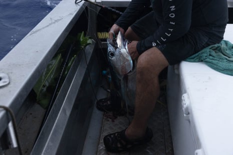 Fishing association head Don Beer on his boat with a large fish