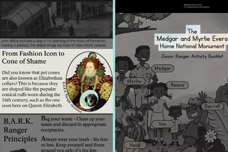 Details from two junior ranger brochures, one from Fort Raleigh National Historic Site in North Carolina, and the other from Medgar Evers and Myrlie Evers Home National Monument in Mississippi. Detail on removal