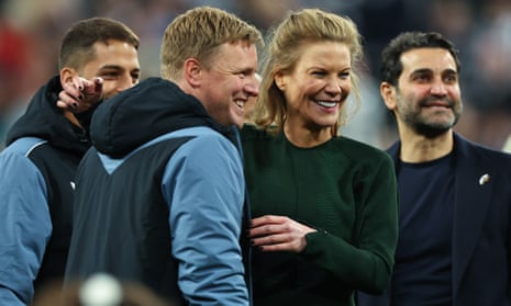 Newcastle’s manager Eddie Amanda with the co-owner Amanda Staveley after Monday’s game that secured a Champions League place.
