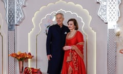 Tony and Cherie Blair pose for pictures at the wedding of Anant Ambani and Radhika Merchant, Mumbai.
