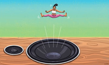 Illustration of a woman, in pink leggings, a white vest and with bare feet, bouncing off a giant speaker, with sound waves coming from it, as if it's a trampoline