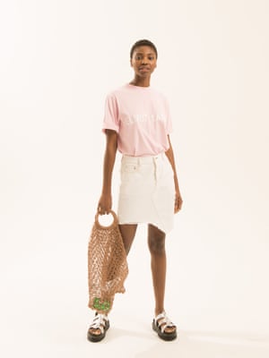 pale pink t-shirt with Helmut Lang logo in white on the front by Helmut Lang white denim skirt with a-symmetric hem by SJYP from brownsfashion.com silver gladiator style sandals drmartens.com brown mesh bag mango.com