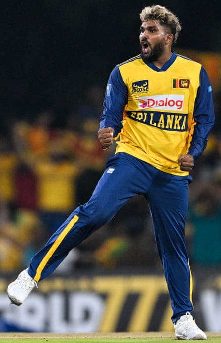 Wanindu Hasaranga celebrates after taking the wicket of Usman Khan during the third and final T20 cricket match between Pakistan and Sri Lanka