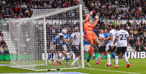 Derby County goalkeeper Jacob Widell Zetterstrom misjudges the flight of an inswinging Liam Millar corner to allow Paik Seung-Ho to score Birmingham City’s winner.