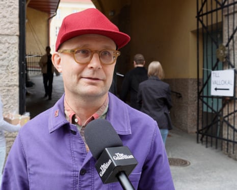 Mikael talks to the Guardian outside Adolf Fredriks Musikklasser in central Stockholm on the day of the Swedish parliamentary election.