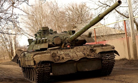 A Ukrainian tank on a road towards the frontline town of Bakhmut.