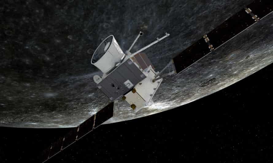 An artist print of BepiColombo flying by Mercury.