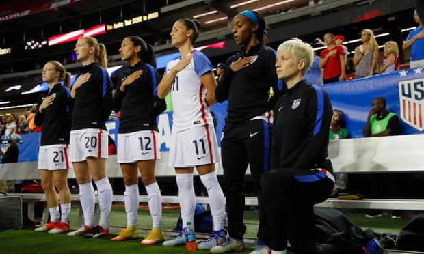 Megan Rapinoe in 2016, kneeling during the national anthem in protest.