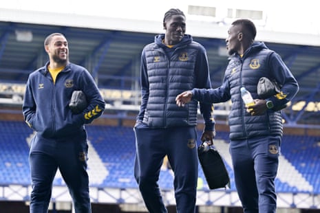 Everton players Arnaut Danjuma (left) Amadou Onana (centre) and Idrissa Gueye arrive at Goodison Park.