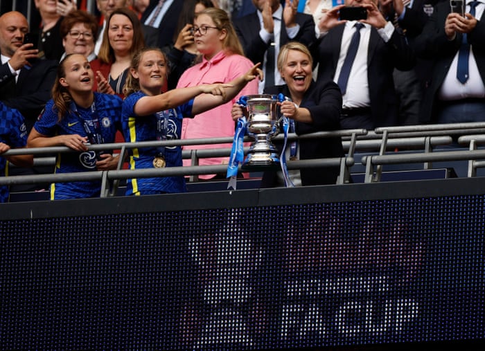 Chelsea manager Emma Hayes celebrates with the trophy after winning the Women’s FA Cup final.