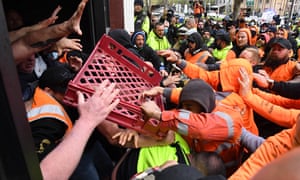 Construction workers clash with unionists at a protest at Construction, Forestry, Maritime, Mining and Energy Union (CFMEU) headquarters in Melbourne, Victoria, Australia.