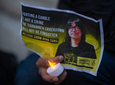 Campaigners attend a protest and candlelit vigil to demand the release of Chow Hang-tung at the Chinese embassy in London in June 2023.