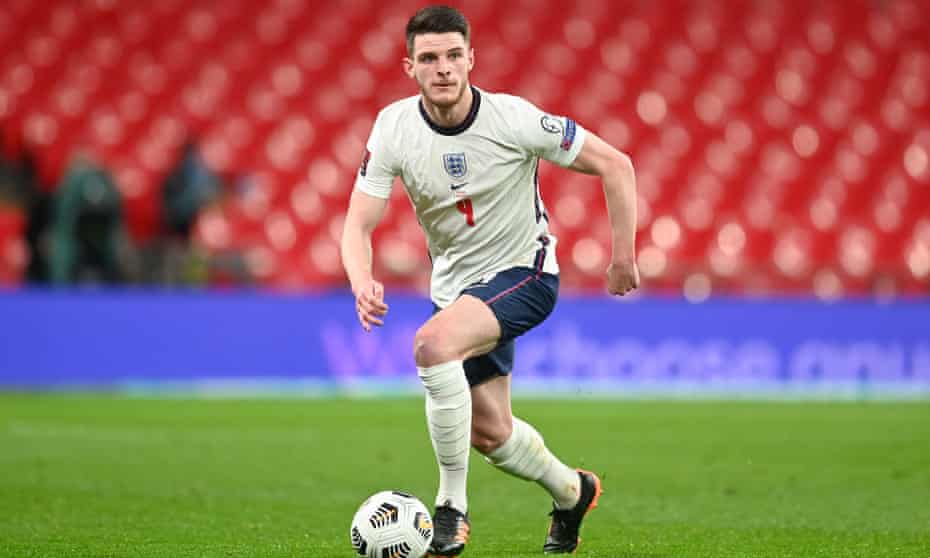 Declan Rice in action during England’s recent victory against Poland. The midfielder sustained his knee injury during the game at Wembley.