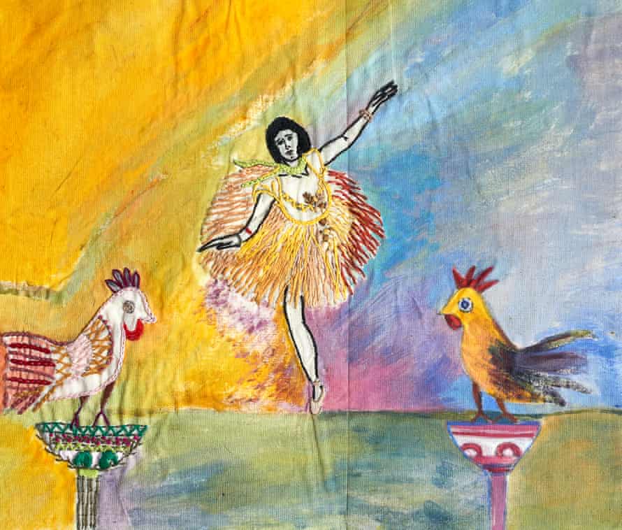 The inspiration for this watercolour and embroidery piece is Degas’ dancers, but Fauzia has added her own elements.