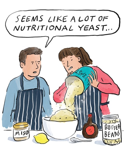 A series of cartoon images of a couple trying to cook an online recipe, panel 2