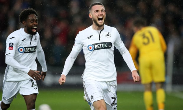 Matt Grimes celebrates after scoring for Graham Potter’s Swansea against Manchester City in the FA Cup in 2019.