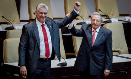 Cuban president Miguel Díaz-Canel, left, with his predecessor, Raúl Castro, at the National Assembly in Havana in April.