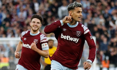 Gianluca Scamacca (right) celebrates after opening the scoring at the London Stadium.