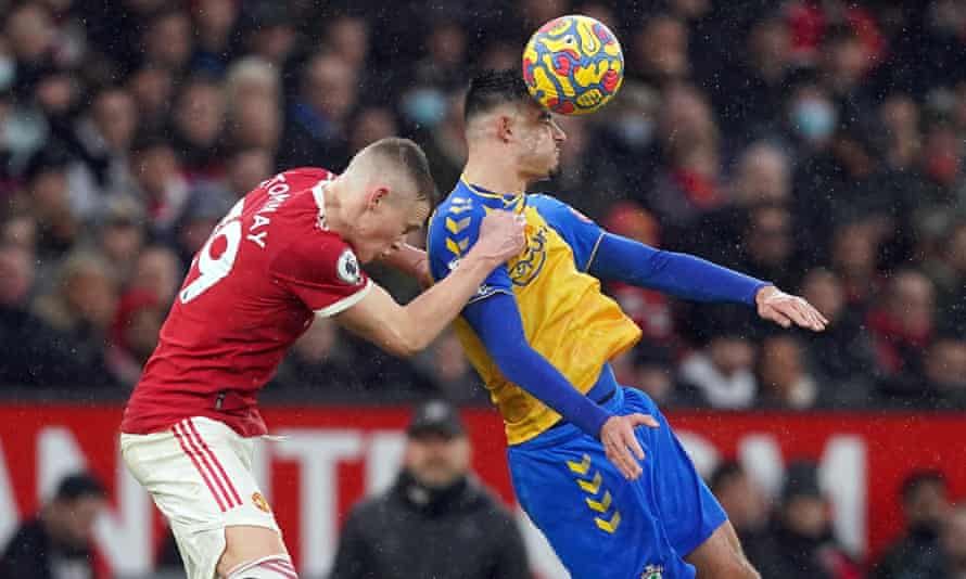 Manchester United’s Scott McTominay (left) is beaten in the air by Southampton’s Armando Broja.