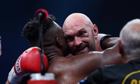 Fury and Ngannou hug after the bout.