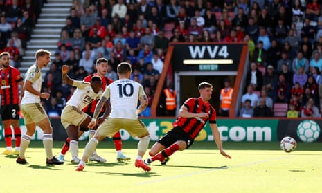 Leicester City's Patson Daka fires home the opening goal in their Premier League game versus Bournemouth.