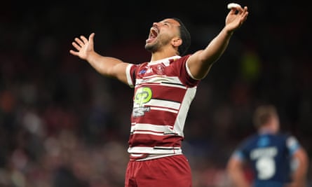Wigan Warriors’ Kruise Leeming celebrates following the Super League grand final win against Hull KR.