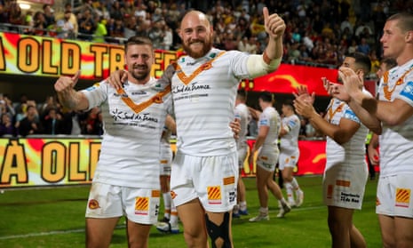 Catalans' Michael McIlorum (left) and Gil Dudson celebrate victory against Hull KR last week which booked the French club’s place in the Grand Final against St Helens.