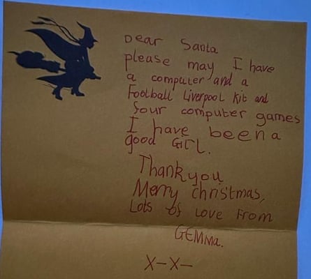 Une lettre d'une jeune Gemma Bonner demandant un kit Liverpool pour Noël.