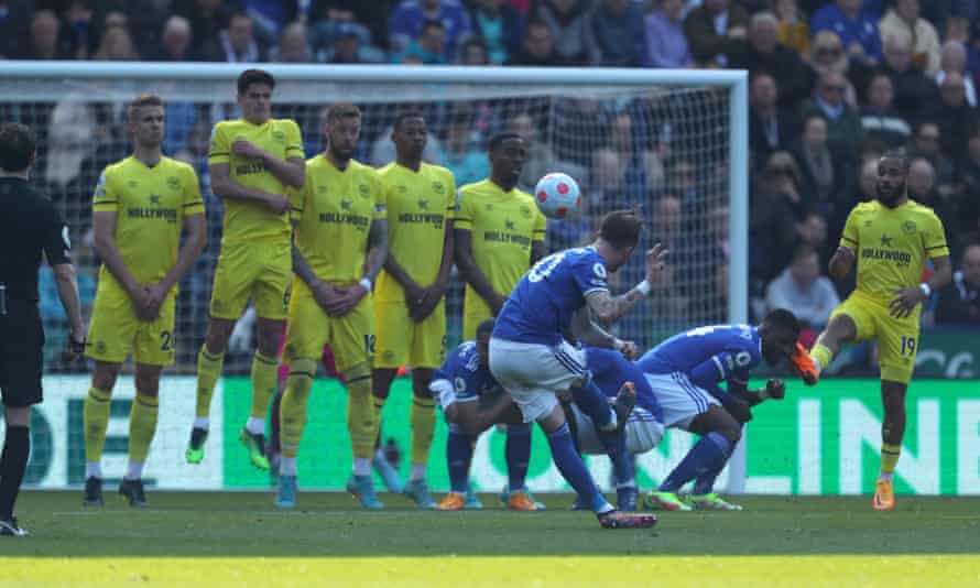 James Maddison scores Leicester's second with a free-kick
