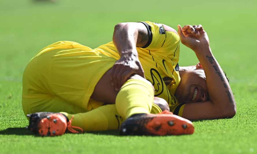 Chelsea’s Thiago Silva reacts after being injured during a tackle.